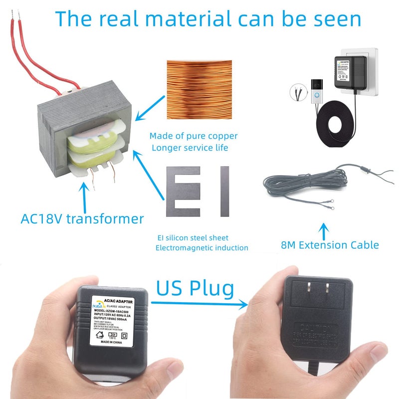 XZGm محول جرس الباب 18V500MA محول جرس الباب بالفيديو لـ Ring و Nest و Arlo و Eufy و Wyze جرس الباب بالفيديو اللاسلكي (315 في الكابل) - Image 5
